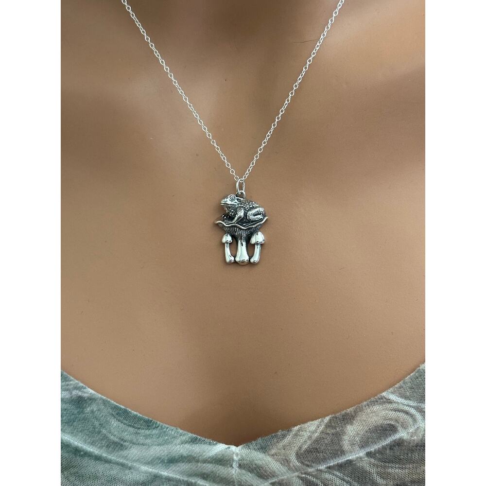 Sterling Silver Toad and Mushroom Necklace